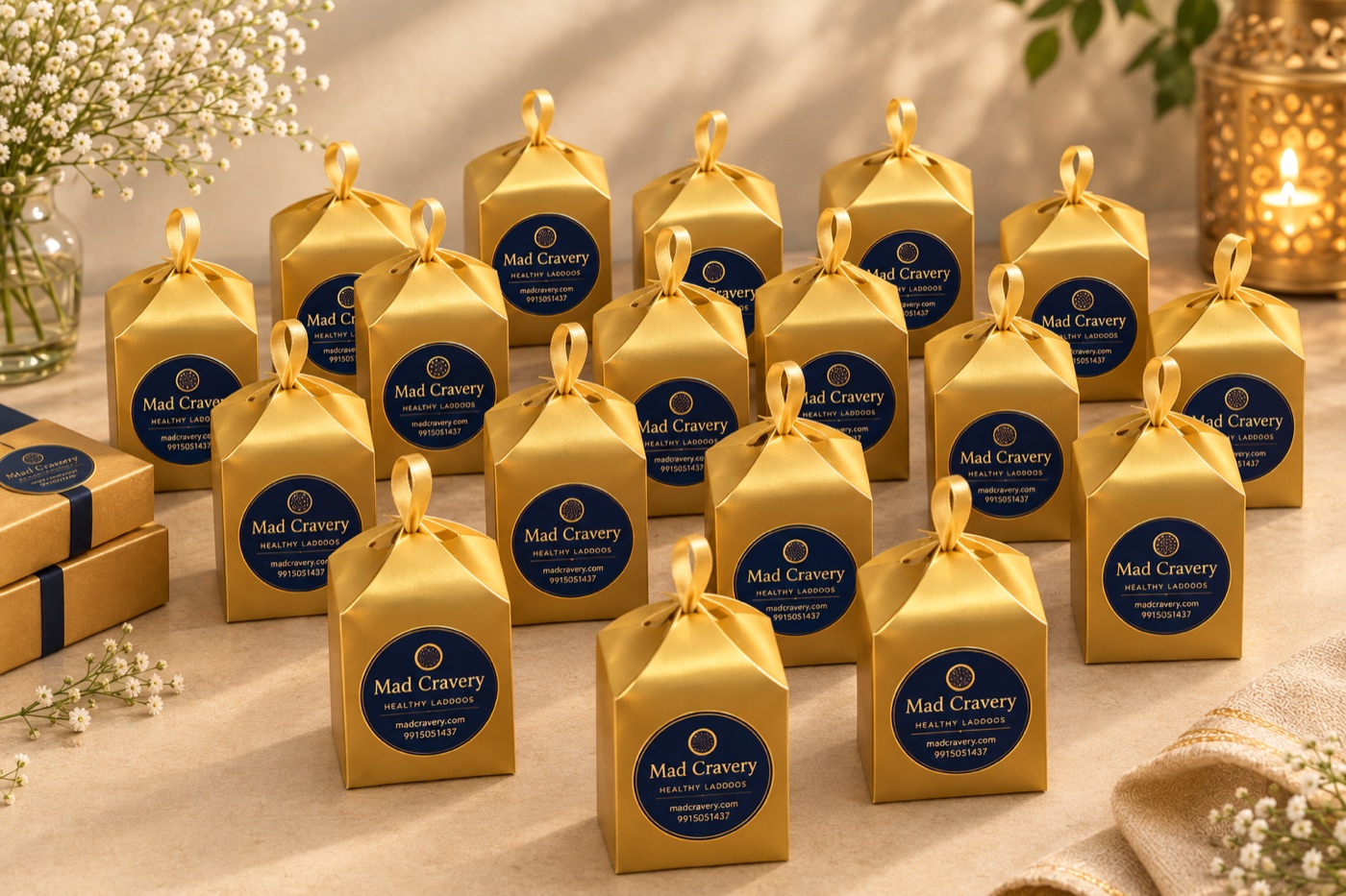 Mad Cravery gold gift boxes packed for a birthday return-gift order