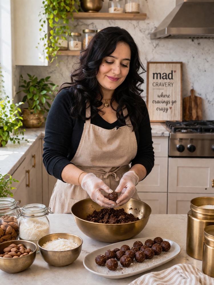 Madhvi, founder of Mad Cravery, hand-rolling laddoos in her kitchen